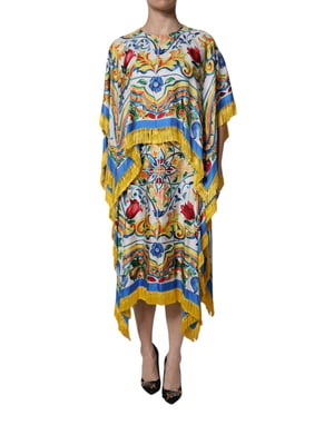 Vestido midi con estampado de mayólica y flecos