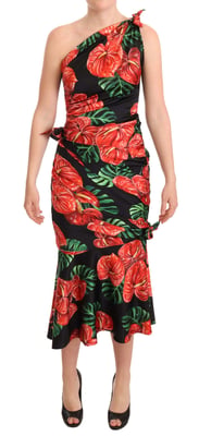 Vestido Midi Ajustado con Un Hombro Floral