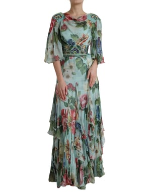 Vestido Largo de Chifón de Seda con Estampado Floral