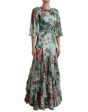 Vestido Largo de Chifón de Seda con Estampado Floral