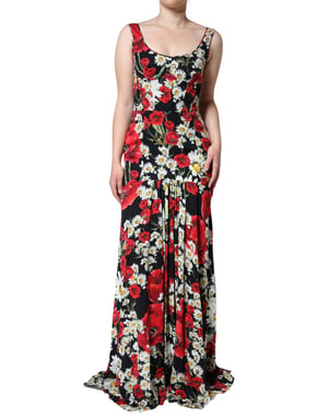 Vestido Maxi de Seda Floral Sin Mangas con Escote Redondo