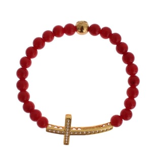 Pulsera de Plata 925 con Cruz de CZ en Oro y Coral Rojo Nialaya