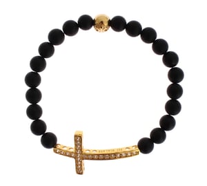 Pulsera de Plata 925 con Cruz de CZ en Oro y Piedra Ónix Mate Nialaya