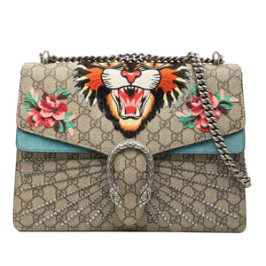Bolso de hombro Dionysus de segunda mano en GG Supreme mediano con bordado de gato enfadado