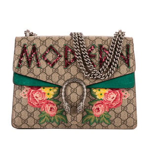 Gucci Dionysus Modern Sequin & Floral Embroidery Medium en Beige/Verde Lienzo recubierto
