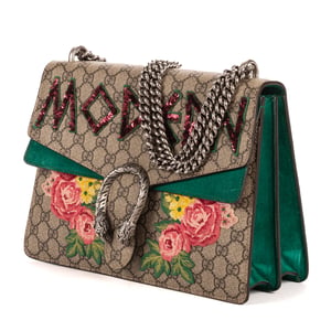 Gucci Dionysus Modern Sequin & Floral Embroidery Medium en Beige/Verde Lienzo recubierto