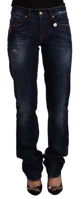 Jeans rectos de algodón denim de media cintura en azul oscuro lavado GF Ferre