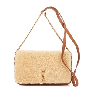 Yves Saint Laurent Loulou Shearling Pochette Mini en Beige/Marrón Cuero de ternero