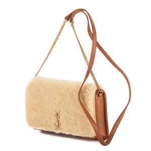 Yves Saint Laurent Loulou Shearling Pochette Mini en Beige/Marrón Cuero de ternero