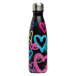 Botella de agua metálica negra con diseño de graffiti y corazón | Tapa roscada reutilizable a prueba de fugas