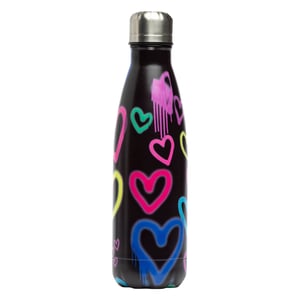 Botella de agua metálica negra con diseño de graffiti y corazón | Tapa roscada reutilizable a prueba de fugas
