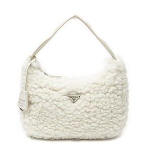 Prada Mini Shearling Zip Hobo  en  marfil Lienzo