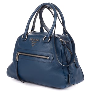Prada Front Zip Pocket Bowling Tote  en  Blue Cuero de ternero