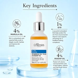 skinChemists Sérum facial antiedad para piel seca con aceite de marula al 4%, Q10 al 1% y aceite de rosa mosqueta al 4% (30 ml).