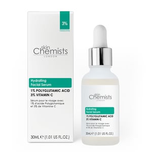 skinChemists Sérum facial hidratante con ácido poliglutámico al 1% y vitamina C al 3%, 30 ml.