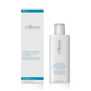 skinChemists Acondicionador diario con colágeno y ácido hialurónico, aceite de argán y manteca de karité, 250 ml.