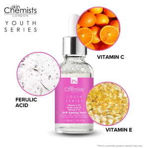 skinChemists Sérum antiedad avanzado con vitamina C al 3%, ácido ferúlico al 1% y vitamina E al 1% (30 ml).