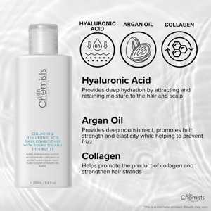 skinChemists Acondicionador diario con colágeno y ácido hialurónico, aceite de argán y manteca de karité, 250 ml.