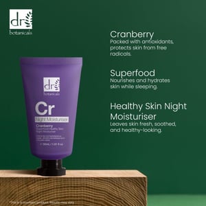 Dr. Botanicals Crema hidratante nocturna antiedad para una piel sana con arándanos rojos, superalimento, 30 ml.