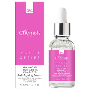 skinChemists Sérum antiedad avanzado con vitamina C al 3%, ácido ferúlico al 1% y vitamina E al 1% (30 ml).