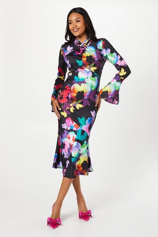 Cross Neck Flute Sleeve And Hem Midi Dress