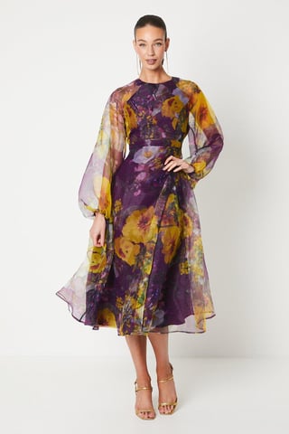 Organza Wrap Waist Puff Sleeve Midi Dress