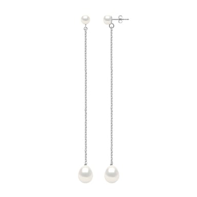 Double Earrings White Gold - Real Cultured Freshwater Pearls Button 5-6 mm + Pear 8-9 mm