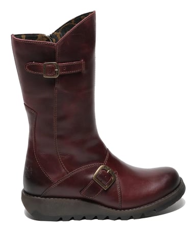 Botas de plataforma de cuero con cremallera y tacón de cuña con hebilla y tacón de cuña color vino MES 2 de Fly London para mujer