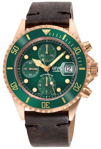 Gevril Mens Wall Street Bronce Verde Lacca Dial Bisel de cerámica verde, correa de cuero marrón italiano genuina hecha a mano