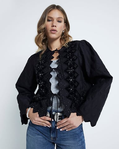 River Island Womens Quilted Jacket Black Broderie Tie Front