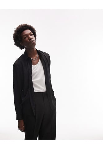 Topman short sleeve regular jacquard satin shirt in black