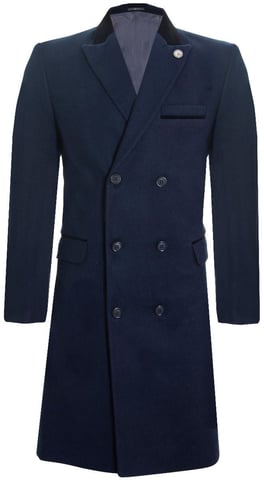 Abrigo de lana Crombie azul marino cruzado de 3/4 de largo para hombre Peaky Blinders