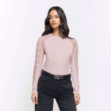 River Island Womens Top Pink Rib Lace Long Sleeve