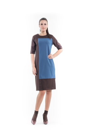 Vestido Recto de Tela de Contraste en azul petróleo