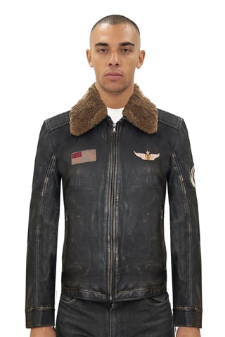 Chaqueta bomber de cuero negra vintage con insignias para hombre - Túnez