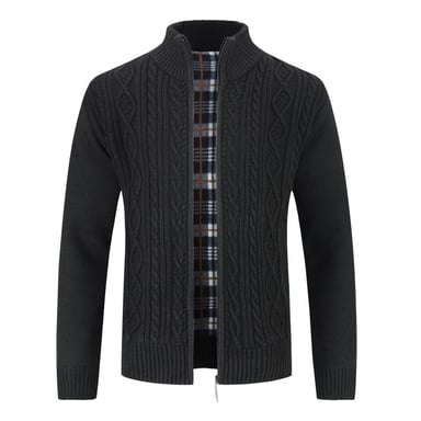 Men's Cardigan with Zip Cardigan Chunky Knit with Stand-Up Collar for Winter Black
