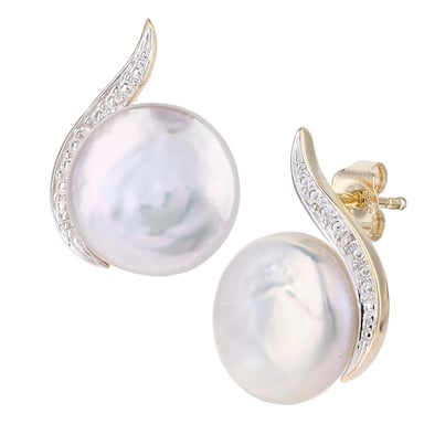 Pendientes de oro amarillo de 9 quilates, diamantes de 0,01 quilates y perlas cultivadas blancas