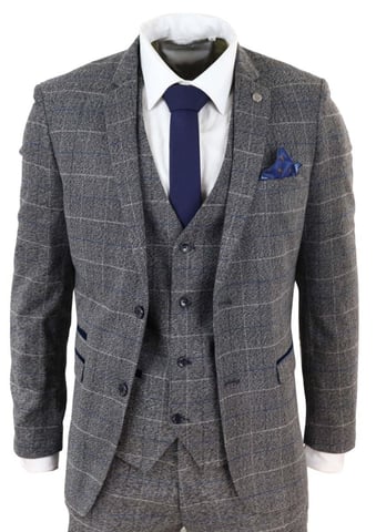 Traje clásico vintage de 3 piezas para hombre, gris y con cuadros azules
