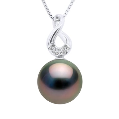 Pendant Eight Diamonds 0,03 Cts - Quality HSI - White Gold - Real Cultured Tahiti Pearl Round 9-9 mm