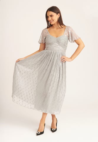 Vestido midi con mangas de ángel metalizadas en jacquard