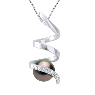Pendant Spiral Diamonds 0,06 Cts - Quality HSI - White Gold - Real Cultured Tahiti Pearl Round 7-8 mm