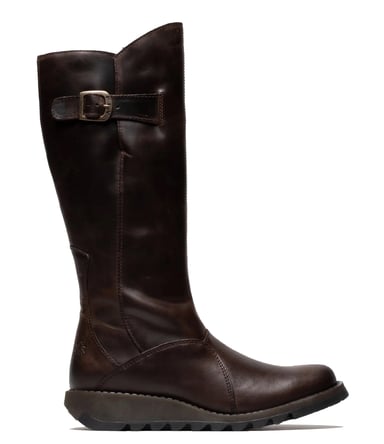Botas de cuña hasta la rodilla con cremallera y tacón de cuña de cuero marrón MOL 2 para mujer de Fly London