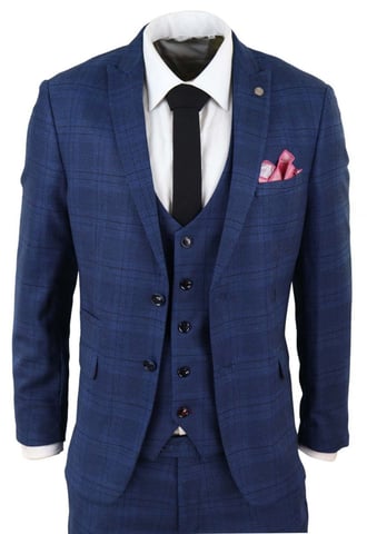 Traje clásico de tres piezas con cuadros en azul ojo de pájaro para hombre