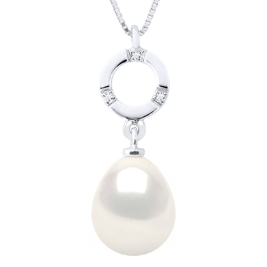 Necklace Jewelry Diamond 0.01Cts White Gold and Real Cultured Freshwater Pearl Pear 9-10 mm