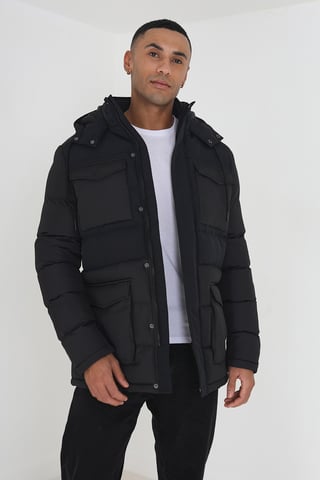 Black 'Windsurf' Mixed Fabric Hooded Puffer Parka Jacket