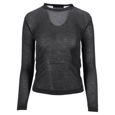 Balenciaga Fitted Crewneck Long Sleeve Top in Grey Cotton