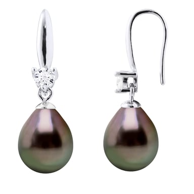 Earrings Silver 925 & Cubic Zirconia - 2 Real Cultured Tahiti Pearls Pear 8-9 mm