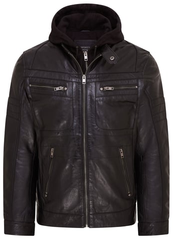 Chaqueta motera de cuero con capucha negra para hombre - Stavern