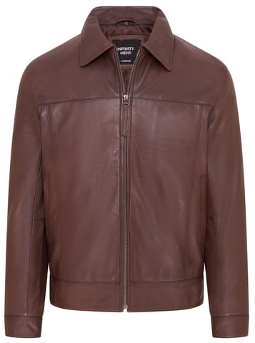 Chaqueta de motociclista Harrington clásica de cuero retro marrón para hombre - Drammen