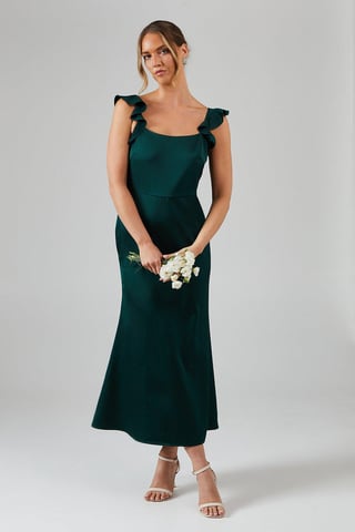 Ruffle Square Neck Satin Bridesmaids Midi Dress